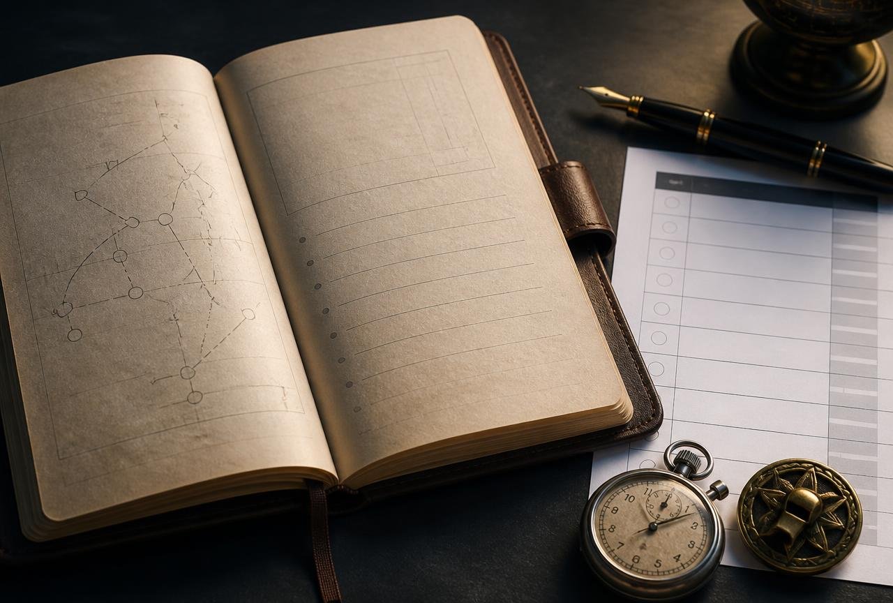 Caderno de treinamento aberto ao lado de checklist de rotina semanal, cronômetro e insígnia de mentoria sobre mesa escura