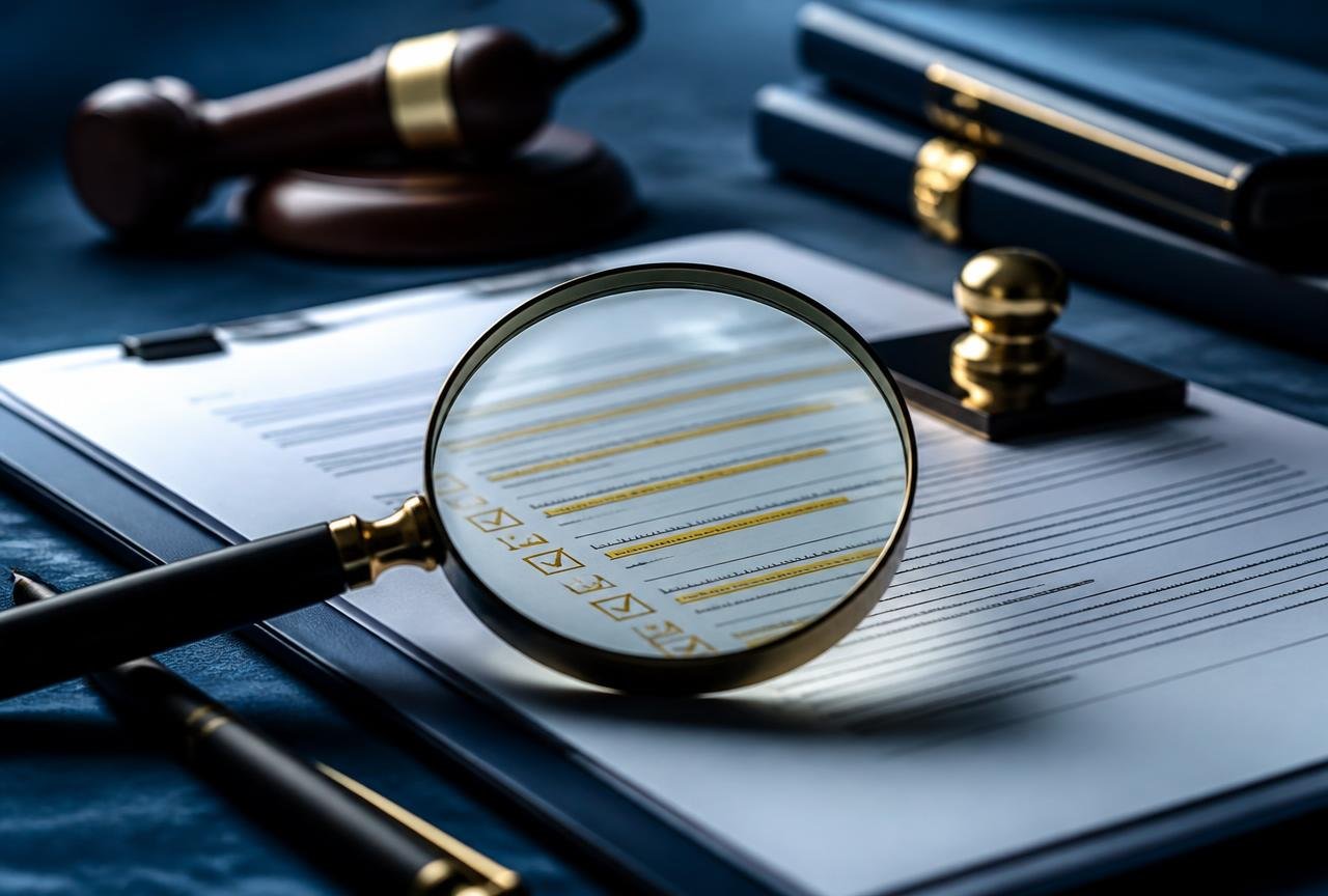 Lupa sobre contrato e checklist de compliance em mesa azul escura, com carimbo e martelo jurídico ao fundo