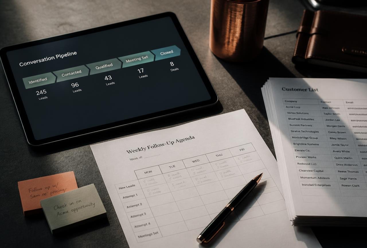 Mesa organizada com tablet exibindo um pipeline de conversas, agenda semanal de follow-up, lista de clientes e anotações